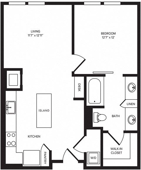 Floor plan for 1 bed, 1 bath, 745 sqft